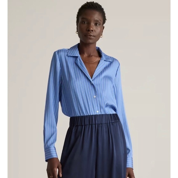 Quince Tops - QUINCE Washable Stretch Silk Blouse Women Medium Blue Striped Lapis Horizon